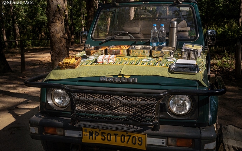 Breakfast on Bonnet tiger safari vehicle in india