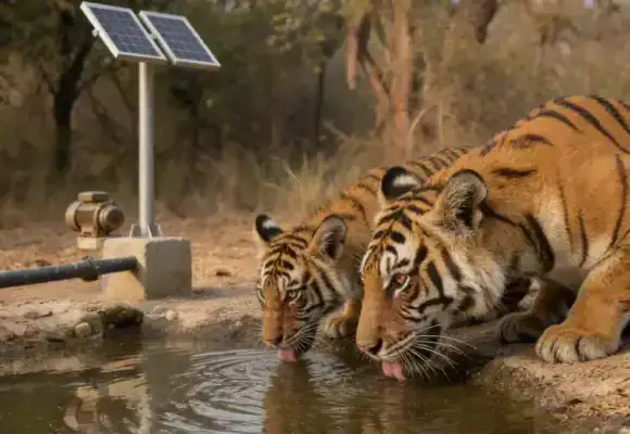 tiger-sipping-water-from-solar-water-pump